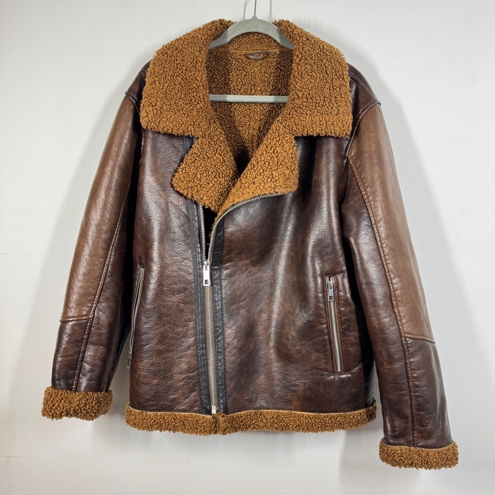 Zara Brown Faux Leather Shearling Jacket Size XL Aviator Biker Cozy Core - Picture 2 of 14